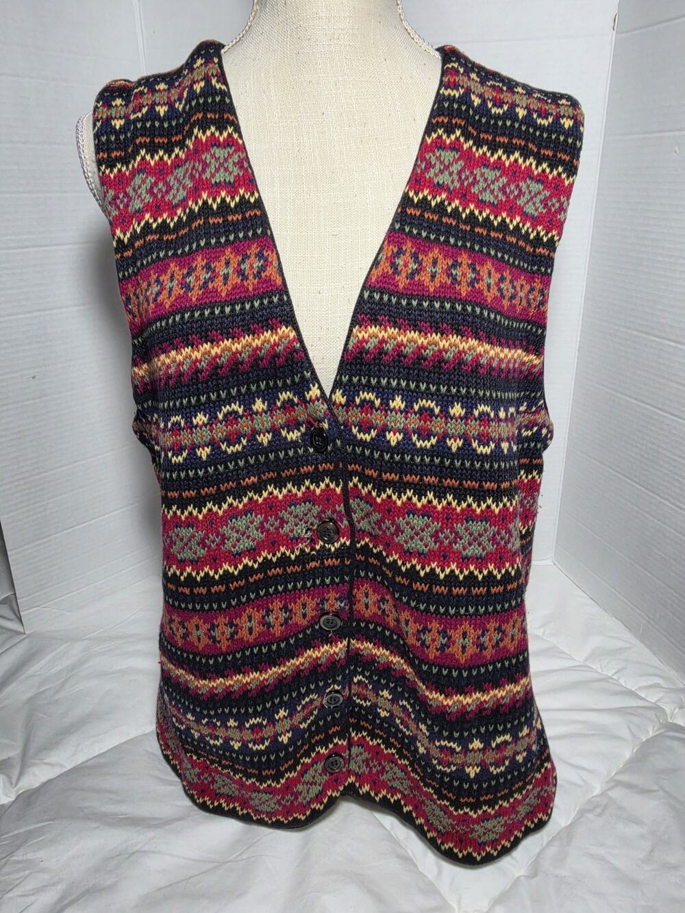 Erika Fair Isle Vest Womens L Red Cottage Grandma 90's Geometric Knit Boho Indie